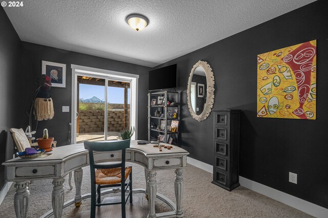 carpeted office featuring a textured ceiling