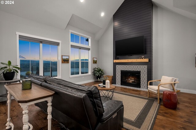 living room with high vaulted ceiling, a fireplace, and dark hardwood / wood-style flooring