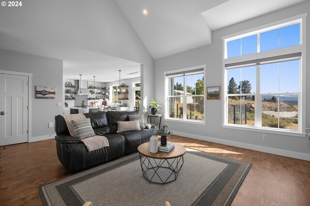 living room with plenty of natural light, dark wood-type flooring, and high vaulted ceiling