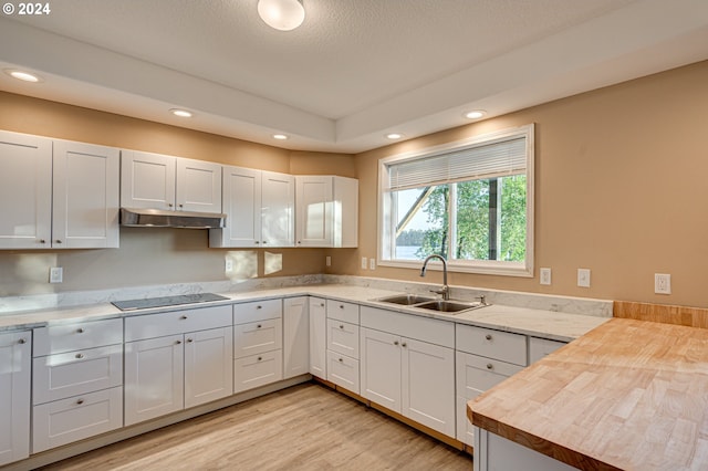 kitchen featuring white cabinetry, sink, butcher block countertops, black electric stovetop, and light wood-type flooring