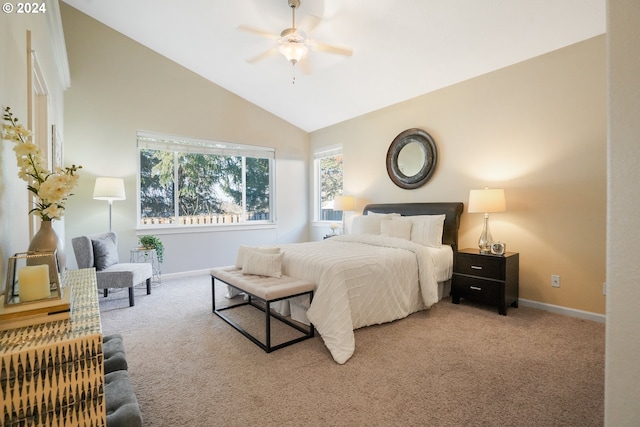 bedroom featuring carpet flooring, ceiling fan, and high vaulted ceiling