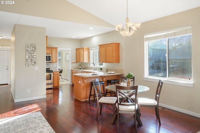 kitchen with stainless steel appliances, dark hardwood / wood-style floors, kitchen peninsula, a chandelier, and lofted ceiling