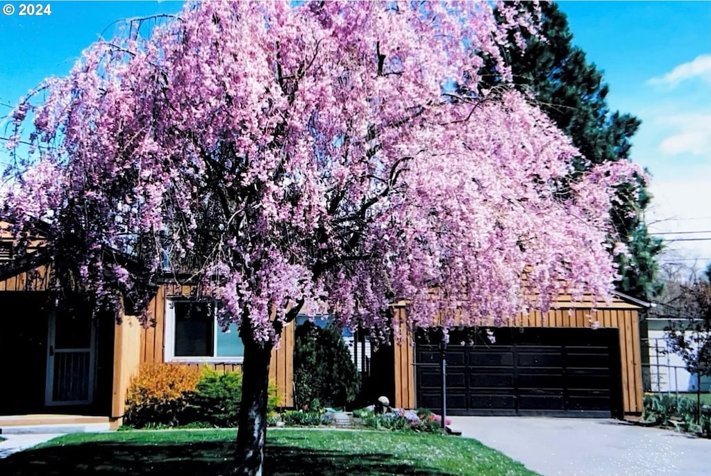 obstructed view of property with a garage