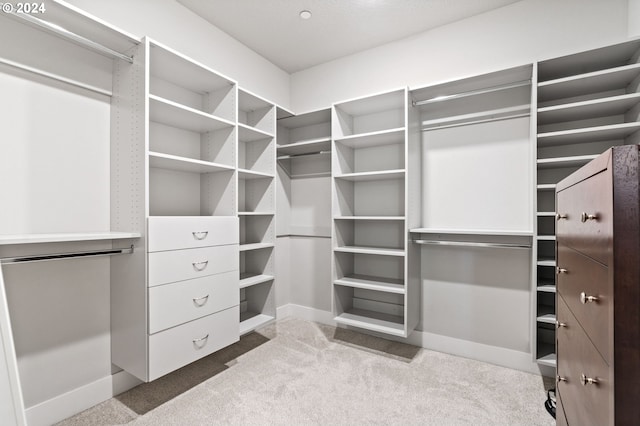 walk in closet featuring light colored carpet