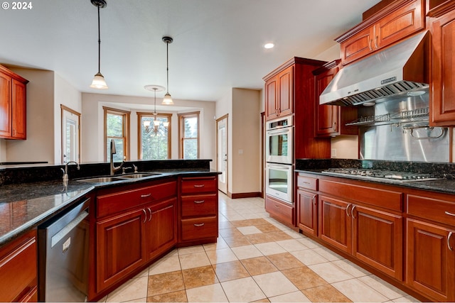 kitchen featuring light tile patterned floors, hanging light fixtures, ventilation hood, and appliances with stainless steel finishes