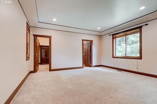 unfurnished room featuring light carpet and a textured ceiling