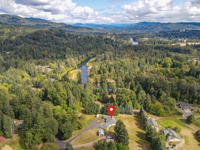 bird's eye view with a water and mountain view