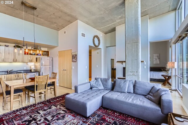 living room featuring a high ceiling, light wood-type flooring, and sink