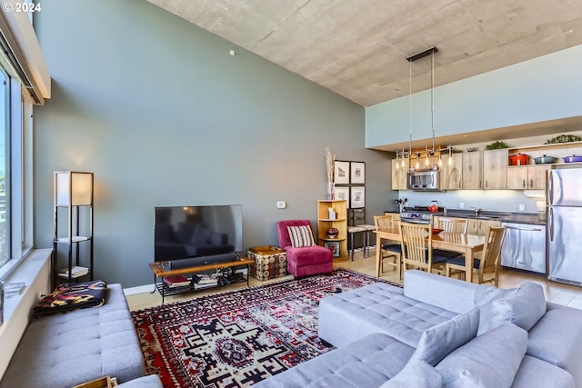 living room featuring light wood-type flooring and sink