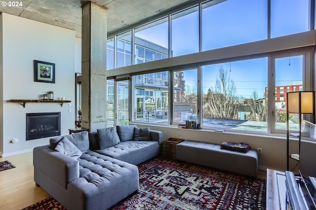 interior space featuring a wealth of natural light, hardwood / wood-style floors, and a towering ceiling