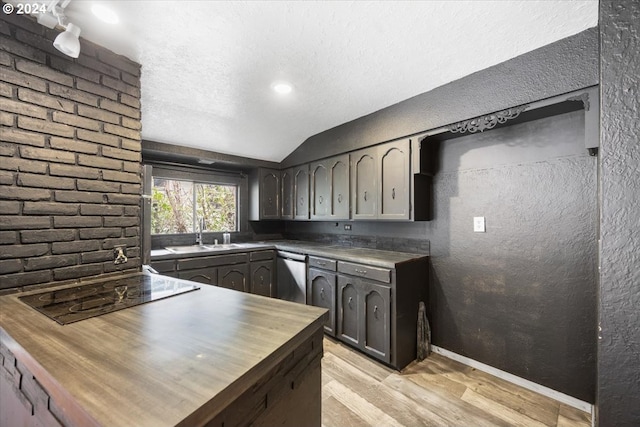 kitchen with dishwasher, sink, light hardwood / wood-style flooring, lofted ceiling, and black electric stovetop