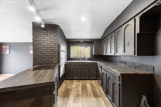 kitchen featuring dark brown cabinets, a textured ceiling, sink, light hardwood / wood-style flooring, and dishwasher