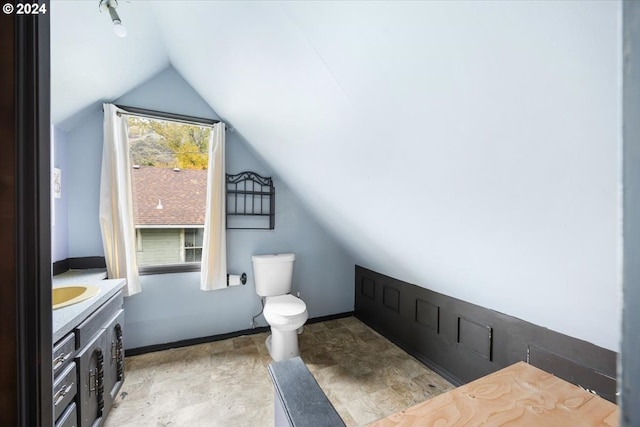 bathroom with vanity, vaulted ceiling, and toilet