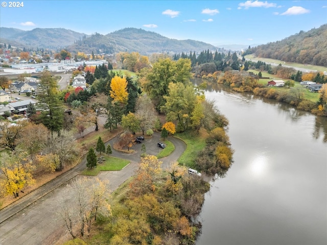 bird's eye view featuring a water and mountain view