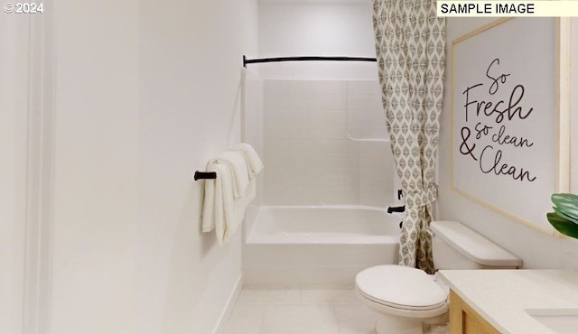 full bathroom with vanity, shower / bath combo with shower curtain, toilet, and tile patterned flooring