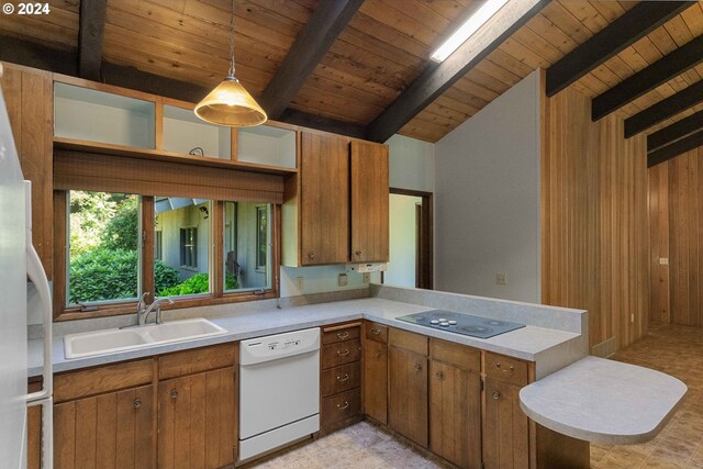 kitchen featuring white appliances, wood ceiling, hanging light fixtures, light tile patterned floors, and vaulted ceiling with beams