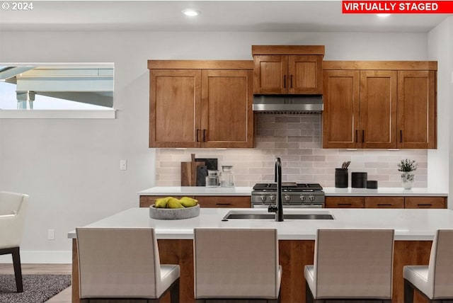 kitchen featuring wood-type flooring, decorative backsplash, sink, and range hood