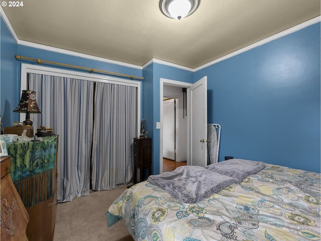 bedroom featuring crown molding and carpet