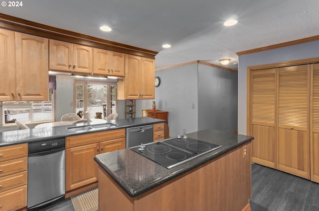 kitchen with black electric stovetop, dark hardwood / wood-style flooring, crown molding, sink, and dishwasher