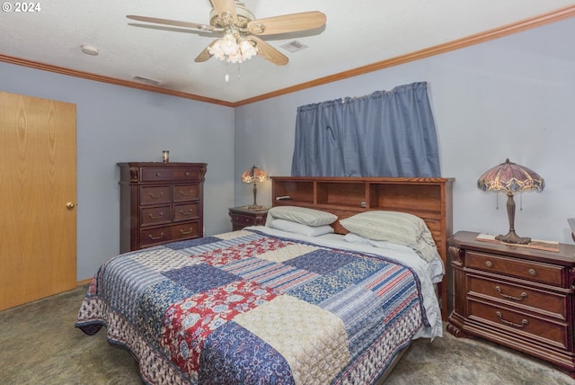 bedroom with ceiling fan, crown molding, and carpet