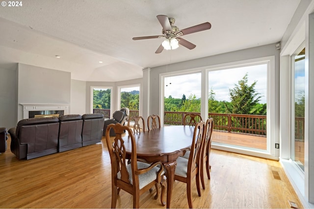 dining area with ceiling fan and light wood-type flooring