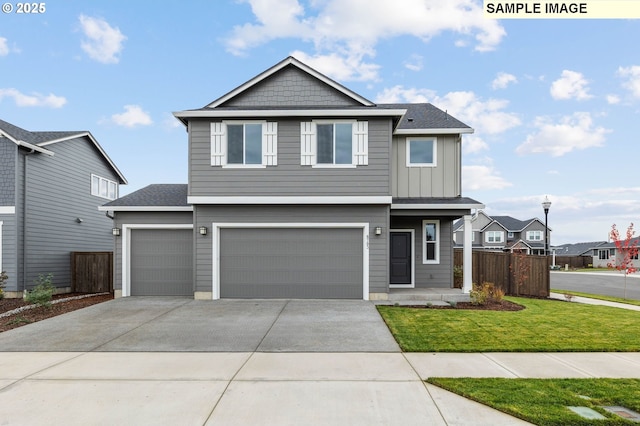 1376 NE Josephine Ct Unit 184, Estacada, OR 97023 - craftsman-style home featuring driveway, board and batten siding, an attached garage, fence, and a front lawn