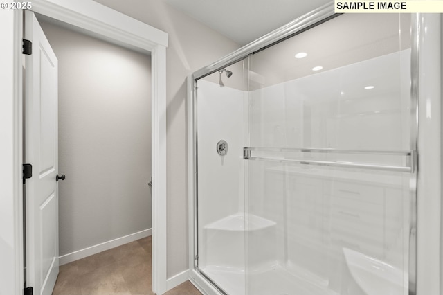 1376 NE Josephine Ct Unit 184, Estacada, OR 97023 - bathroom with recessed lighting, a stall shower, and baseboards