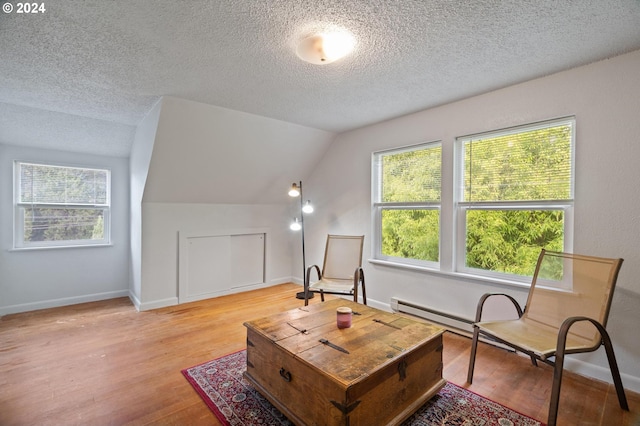 living area featuring plenty of natural light, a textured ceiling, vaulted ceiling, and light wood-type flooring