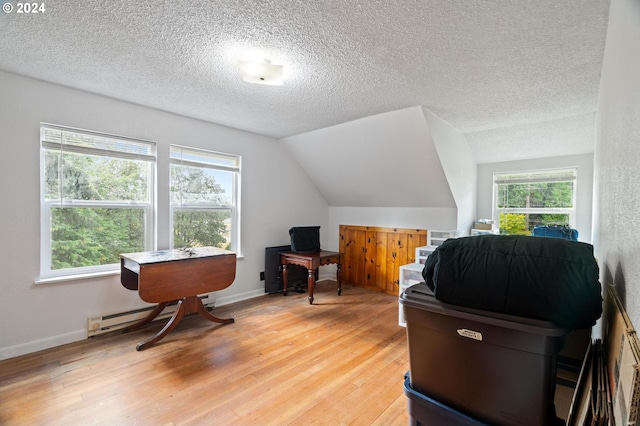 interior space featuring a textured ceiling, vaulted ceiling, multiple windows, and hardwood / wood-style flooring