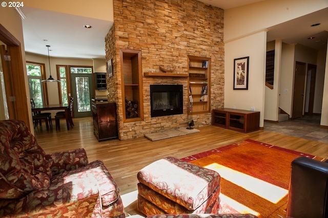 living room with a stone fireplace and wood-type flooring