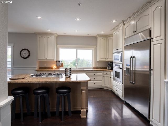 kitchen with light stone counters, sink, built in appliances, a breakfast bar area, and dark hardwood / wood-style flooring