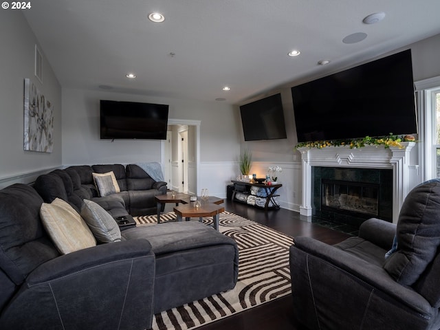 living room with a premium fireplace and dark wood-type flooring