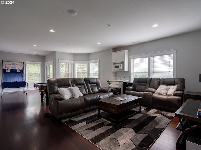 living room featuring plenty of natural light, dark hardwood / wood-style flooring, and pool table