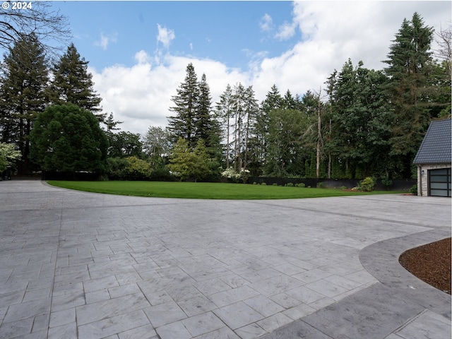 view of patio with a garage