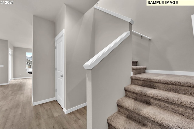 stairs with hardwood / wood-style flooring