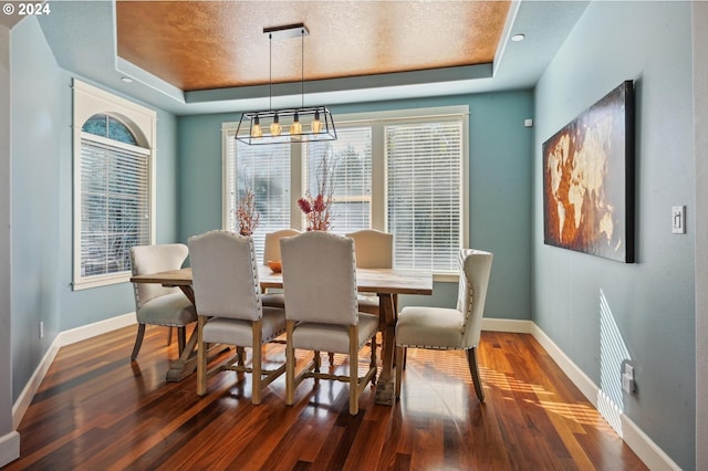 dining area featuring dark hardwood / wood-style flooring, a textured ceiling, and a raised ceiling