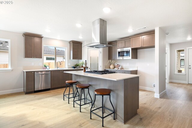 kitchen with stainless steel appliances, island range hood, sink, light hardwood / wood-style flooring, and a kitchen island