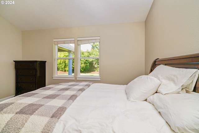 bedroom featuring lofted ceiling