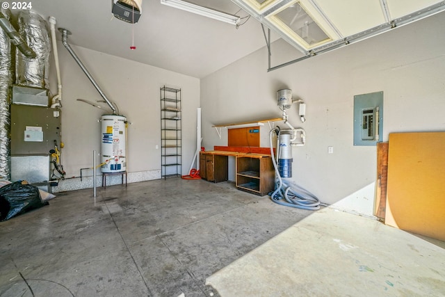 garage with a garage door opener, secured water heater, and electric panel