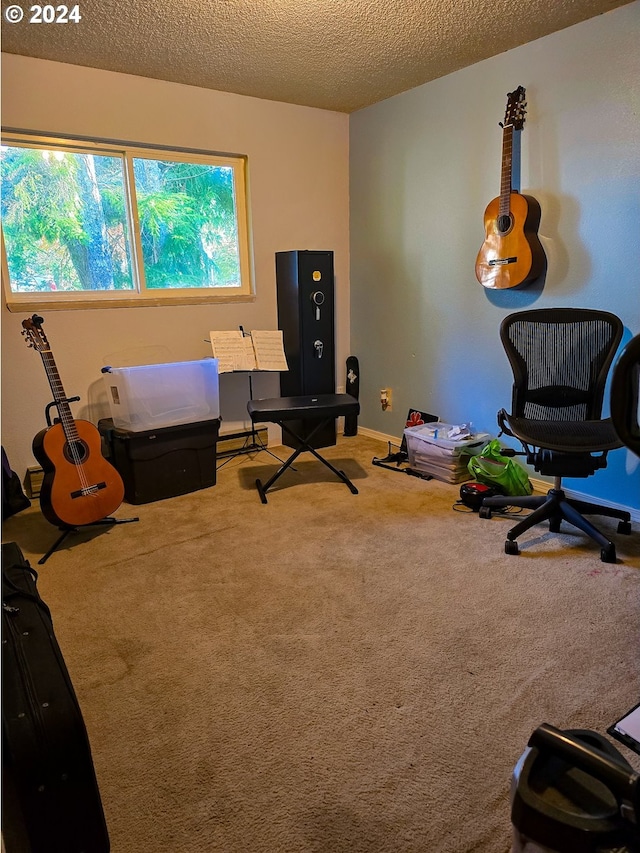 interior space with a textured ceiling, baseboard heating, and carpet floors