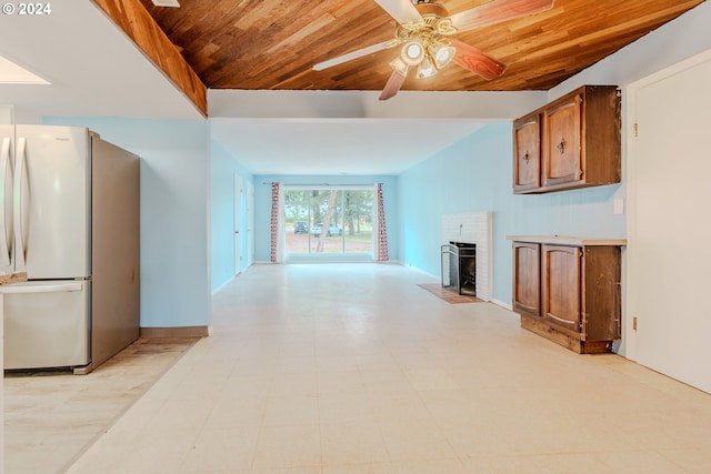 living room featuring a fireplace, ceiling fan, and wood ceiling