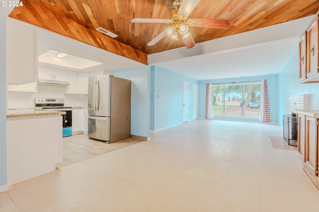 kitchen featuring stainless steel appliances, ceiling fan, wooden ceiling, white cabinets, and wine cooler