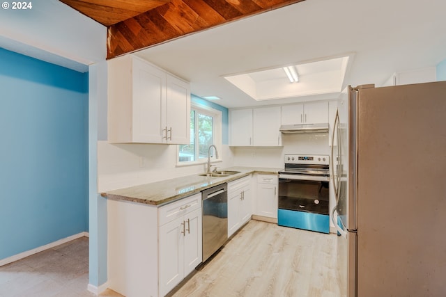 kitchen with sink, light hardwood / wood-style flooring, light stone countertops, appliances with stainless steel finishes, and white cabinetry