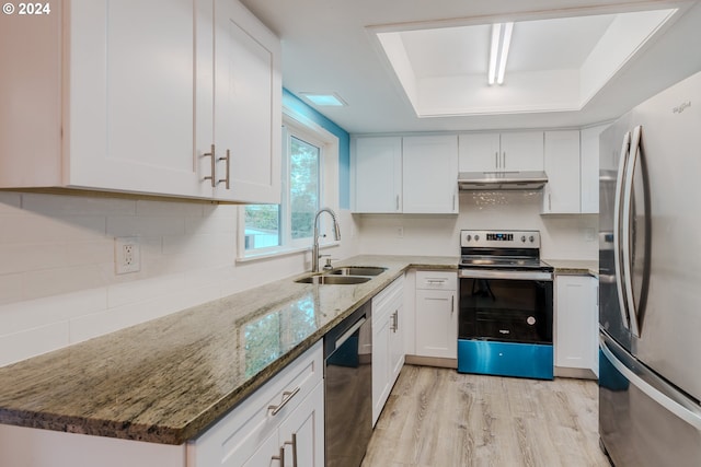 kitchen with a tray ceiling, white cabinets, light wood-type flooring, and appliances with stainless steel finishes