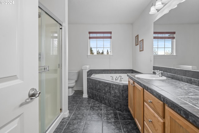 full bathroom featuring vanity, toilet, a healthy amount of sunlight, and plus walk in shower