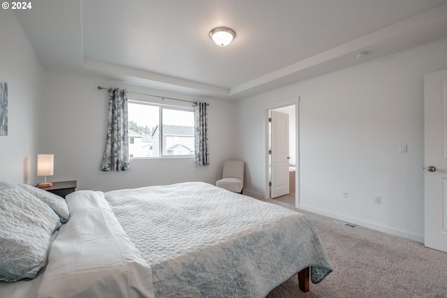 carpeted bedroom featuring a raised ceiling and ensuite bathroom