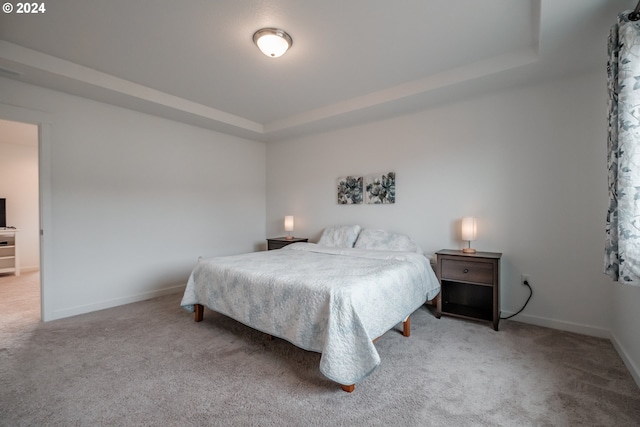 bedroom with a raised ceiling and carpet floors