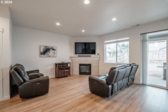 living room featuring a fireplace and light wood-type flooring