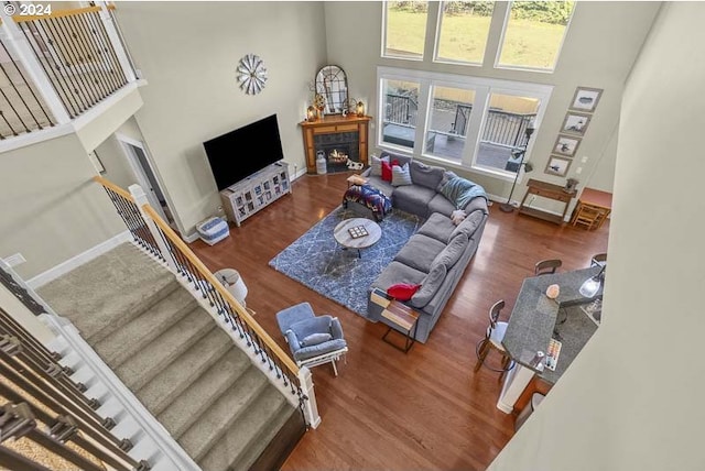 living room with dark hardwood / wood-style floors and a towering ceiling