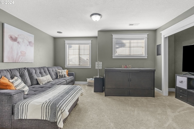 bedroom with light colored carpet and a textured ceiling